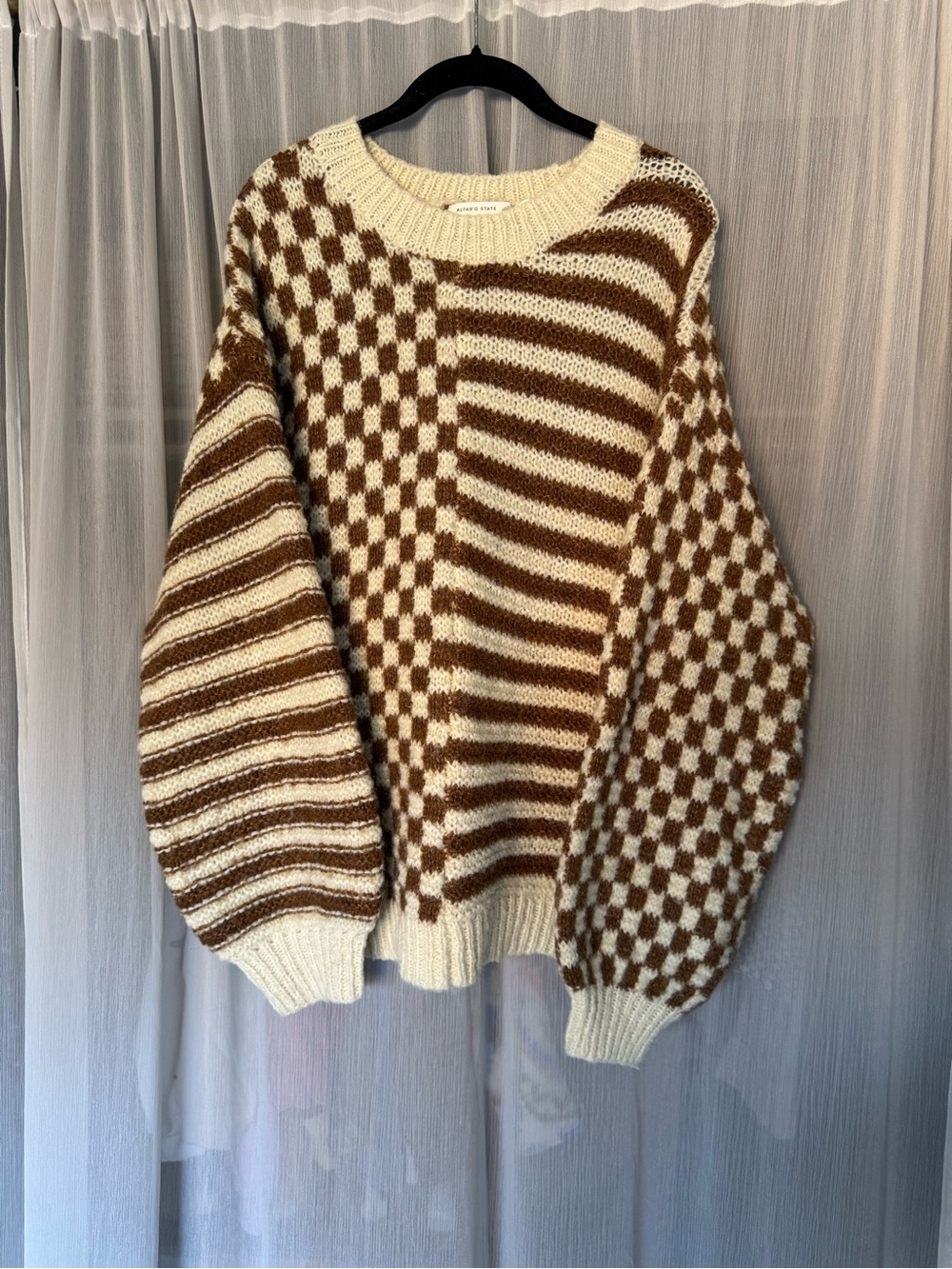 Altar'd State Cream & Brown Checkerboard Crewneck Sweater